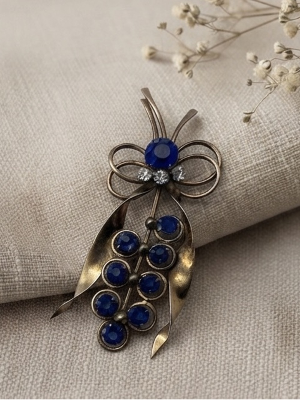 Large Vintage Blue Crystal Insect Brooch Whimsigoth Statement Pin